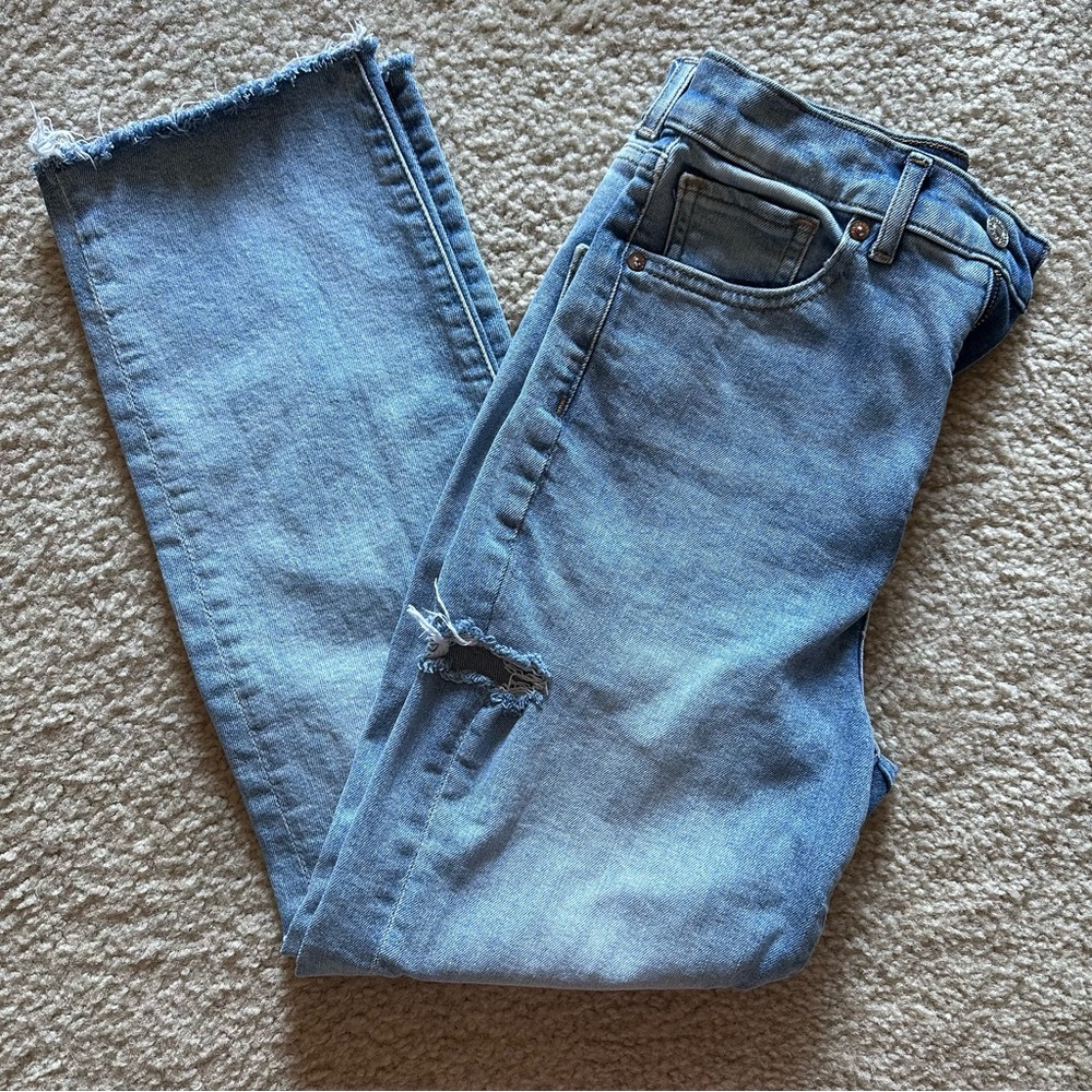 Express Straight Leg High Rise Jeans in Light Blue Denim Distressed Ankle Length